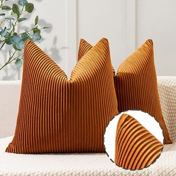 YCOLL Burnt Orange Pillow Covers 22x22 Set of 2 Velvet Striped Pattern - Soft Throw Pillows for Home...