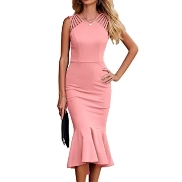 PRETTYGARDEN Women's Elegant Midi Bodycon Dress Sleeveless Backless Ruffle Hem Mermaid Formal Cockta...