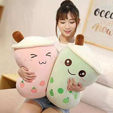 FJZFING Cute Plush Boba Milk Tea Stuffed Teacup Pillow Soft Bubble Tea Cup Plushie Toy Kawaii Cartoon Gift for Kids Home Decor Strawberry 13.8 Inch