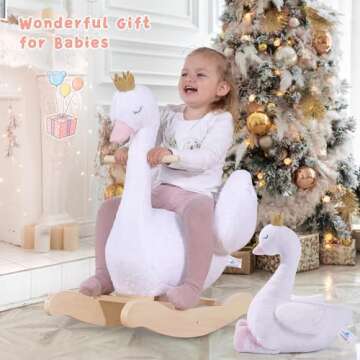 labebe Kids Rocking Horse White Swan with Little Plush Doll Toys, Stuffed Animal Wooden Rocker for C...