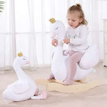 labebe Kids Rocking Horse White Swan with Little Plush Doll Toys, Stuffed Animal Wooden Rocker for Children 6 Months Boys and Girls/Nursery Christmas, Birthday Gift (Rocking Swan with Doll)
