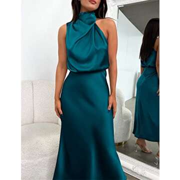 Womens Summer Satin Dress Elegant Formal Dress Sleeveless Ruched Wrap Long Dress Irregular Hanging Neck Dresses for Ladies Cocktail Party Date Night Blue
