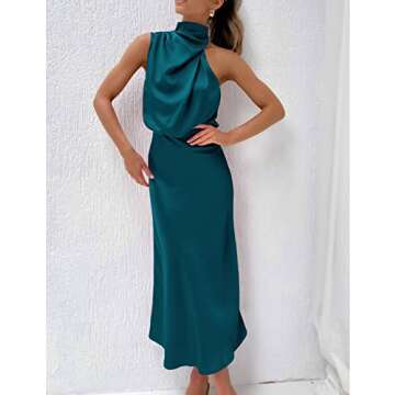 Womens Summer Satin Dress Elegant Formal Dress Sleeveless Ruched Wrap Long Dress Irregular Hanging Neck Dresses for Ladies Cocktail Party Date Night Blue
