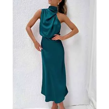 Womens Summer Satin Dress Elegant Formal Dress Sleeveless Ruched Wrap Long Dress Irregular Hanging Neck Dresses for Ladies Cocktail Party Date Night Blue