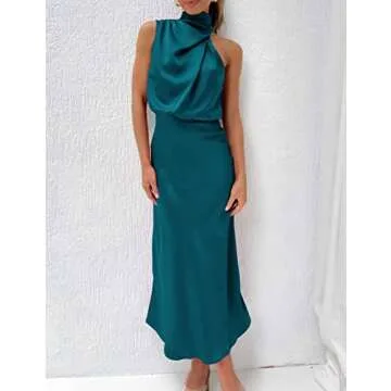 Womens Summer Satin Dress Elegant Formal Dress Sleeveless Ruched Wrap Long Dress Irregular Hanging Neck Dresses for Ladies Cocktail Party Date Night Blue