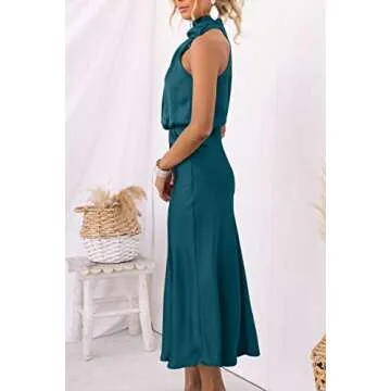 Womens Summer Satin Dress Elegant Formal Dress Sleeveless Ruched Wrap Long Dress Irregular Hanging Neck Dresses for Ladies Cocktail Party Date Night Blue