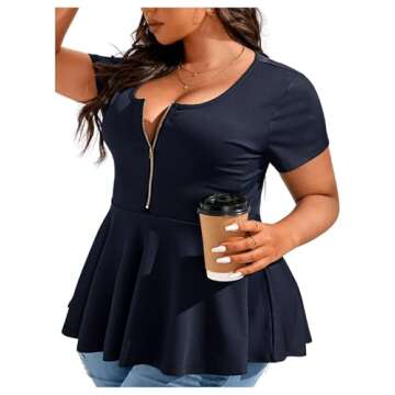 Stylish Plus Size Half Zip Ruffle Peplum Top for Women