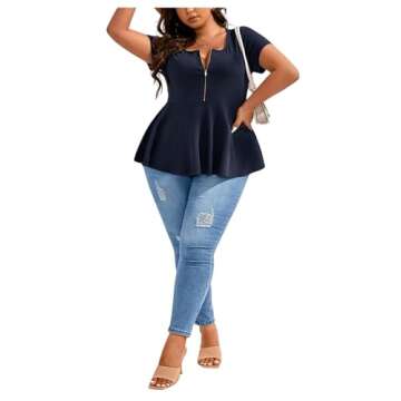 Stylish Plus Size Half Zip Ruffle Peplum Top for Women