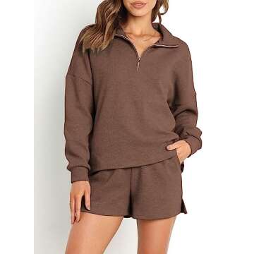 Aleumdr Women 2 Piece Lounge Set Fall Outfits Sweatsuit Zip Up Sweatshirt Loungewear Shorts Casual Cozy Matching Tracksuit Set Brown X-Large