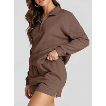 Aleumdr Women 2 Piece Lounge Set Fall Outfits Sweatsuit Zip Up Sweatshirt Loungewear Shorts Casual Cozy Matching Tracksuit Set Brown X-Large