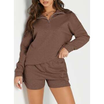 Aleumdr Women 2 Piece Lounge Set Fall Outfits Sweatsuit Zip Up Sweatshirt Loungewear Shorts Casual Cozy Matching Tracksuit Set Brown X-Large