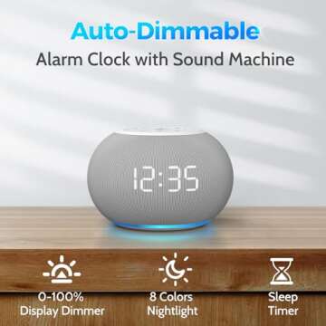 Reacher Auto-Dimmable Sound Machine Alarm Clock with Night Light, 20 Soothing Sounds, LED Digital Display, Sleep Timer, Precise Volume Control, White Noise Soother for Baby, Adults, Bedrooms