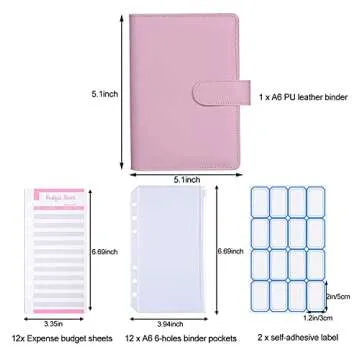 Budget Binder A6 with 12pcs Binder Pockets, 12PCS Expense Budget Sheets, Sticker Labels, 6 Ring Budget Binder Money Saving Cash Envelopes System (Pink)