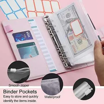 Budget Binder A6 with 12pcs Binder Pockets, 12PCS Expense Budget Sheets, Sticker Labels, 6 Ring Budget Binder Money Saving Cash Envelopes System (Pink)