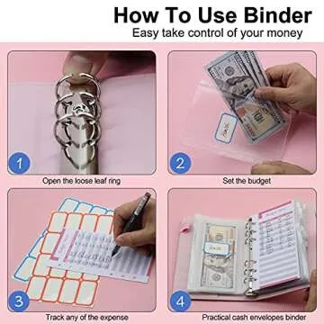 Budget Binder A6 with 12pcs Binder Pockets, 12PCS Expense Budget Sheets, Sticker Labels, 6 Ring Budget Binder Money Saving Cash Envelopes System (Pink)
