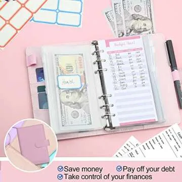 Budget Binder A6 with 12pcs Binder Pockets, 12PCS Expense Budget Sheets, Sticker Labels, 6 Ring Budget Binder Money Saving Cash Envelopes System (Pink)