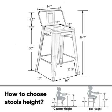 HAOBO Home 30" Low Back Metal Counter Stool Height Bar Stools [Set of 4] for Indoor/Outdoor Barstools, Silver