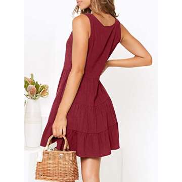 MITILLY Women's Summer Sleeveless V Neck Button Down Casual Pocket Swing Short Dress Small Wine Red