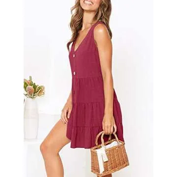 MITILLY Women's Summer Sleeveless V Neck Button Down Casual Pocket Swing Short Dress Small Wine Red