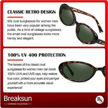 Breaksun Retro Oval Sunglasses for Women Men Fashion Small Oval Sunglasses 90s Vintage Shades (Leopard/G15)