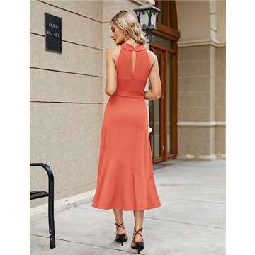 JASAMBAC Women's Fall Dresses 2023 Midi Criss Cross Neck Sleeveless Ruffle Hem Cocktail Party Bodycon Dress with Belt