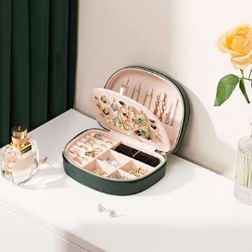 ProCase Travel Size Jewelry Box, Small Portable Seashell-Shaped Jewelry Case, 2 Layer Mini Jewelry Organizer in PU Leather for Women -Emerald