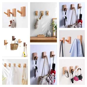 HomeDo 4Pack Adhesive Wall Hooks Hat Rack, Wooden Coat Hooks Wall Mounted, Decorative Hooks Single Organizer Hat Hanger Towel Rack, Heavy Duty Hooks (Rectangle-Beech,4P)