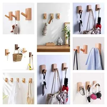 HomeDo 4Pack Adhesive Wall Hooks Hat Rack, Wooden Coat Hooks Wall Mounted, Decorative Hooks Single Organizer Hat Hanger Towel Rack, Heavy Duty Hooks (Rectangle-Beech,4P)