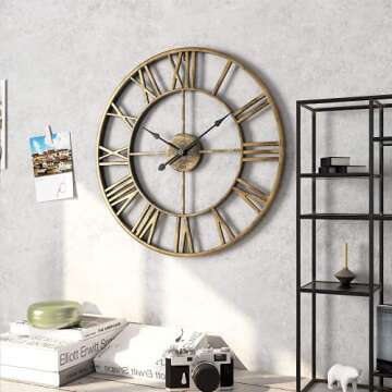 1st owned Large Modern Metal Wall Clocks Rustic Round Silent Non Ticking Battery Operated 40CM/47CM/60CM Antique Gold Farmhouse Roman Numerals Clock for Living Room/Bedroom/Kitchen Wall Decor