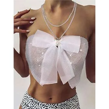 Wriidy Rhinestone Bra Bikini Sparkly Beach Top Mesh Fishnet Pearl Underwear Body Chain Accessories Nightclub Jewelry for Women and Girls (White)