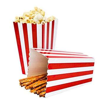 Red Striped Popcorn Boxes - Carnival Parties Mini Paper Popcorn and Candy Containers, Party Supplies for Movie Nights (Pack 24)