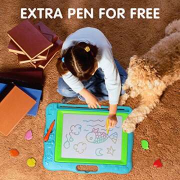 Gamenote Extra Large Magnetic Drawing Board 18×13 with Stamps & Stencils & Replacement Pen - Education Doodle Toys for Kids, Colorful Erasable Magnet Writing Sketching Pad for Toddlers Learning (Blue)