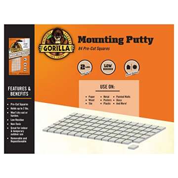 Gorilla Mounting Putty, Non-Toxic Hanging Adhesive, Removeable & Repositionable, 84 Pre-Cut Squares,...