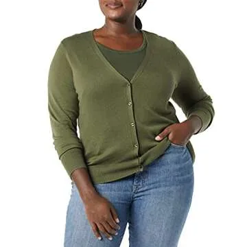 Amazon Essentials Women's Lightweight V-Neck Cardigan Sweater (Available in Plus Size), Olive, Small