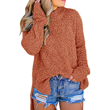 Imily Bela Womens Fuzzy Knitted Sweater Sherpa Fleece Side Slit Full Sleeve Jumper Outwears