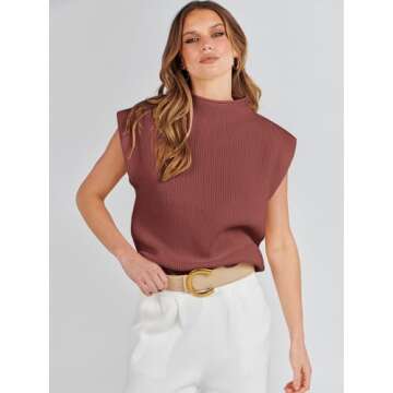 ANRABESS Women's Mock Neck Sleeveless Sweater Vest Casual Cap Sleeve Knit Pullover Tank Tops 2025 Spring Summer Clothes Maroon-S