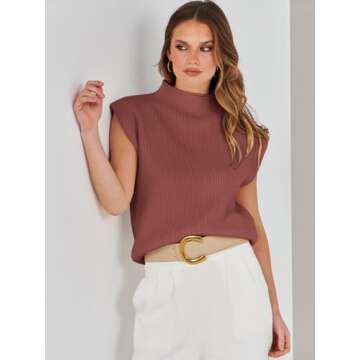 ANRABESS Women's Mock Neck Sleeveless Sweater Vest Casual Cap Sleeve Knit Pullover Tank Tops 2025 Spring Summer Clothes Maroon-S