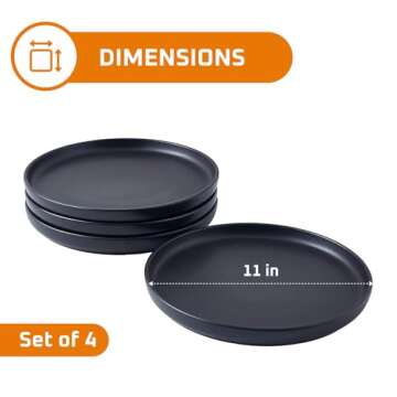 Bruntmor 11-Inch Ceramic Plates Set of 4 - Round Black Dinner Plates for Casual or Formal Dining - Elegant and Durable Dinnerware Plate Set for Pasta, Salad, and Main Dish - Dishwasher and Oven Safe