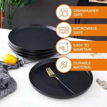 Bruntmor 11-Inch Ceramic Plates Set of 4 - Round Black Dinner Plates for Casual or Formal Dining - Elegant and Durable Dinnerware Plate Set for Pasta, Salad, and Main Dish - Dishwasher and Oven Safe