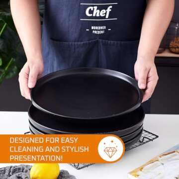 Bruntmor 11-Inch Ceramic Plates Set of 4 - Round Black Dinner Plates for Casual or Formal Dining - Elegant and Durable Dinnerware Plate Set for Pasta, Salad, and Main Dish - Dishwasher and Oven Safe