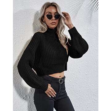 Chigant Women's Turtle Neck Sweater Batwing Sleeve Cable Knit Sweaters Drop Shoulder Chunky Pullover Top Black