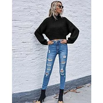 Chigant Women's Turtle Neck Sweater Batwing Sleeve Cable Knit Sweaters Drop Shoulder Chunky Pullover Top Black