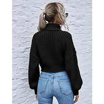 Chigant Women's Turtle Neck Sweater Batwing Sleeve Cable Knit Sweaters Drop Shoulder Chunky Pullover Top Black