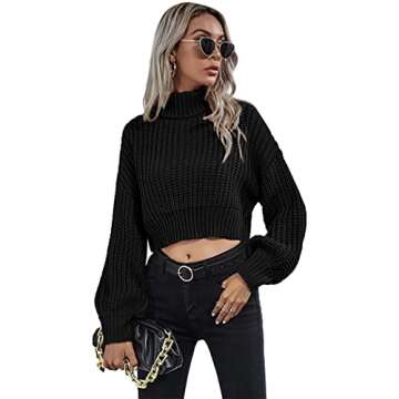 Chigant Women's Turtle Neck Sweater Batwing Sleeve Cable Knit Sweaters Drop Shoulder Chunky Pullover Top Black
