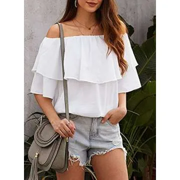 ROSKIKI Women Summer Off Shoulder Blouses Ruffles Falbala Short Sleeves Sexy Tops Casual T Shirts