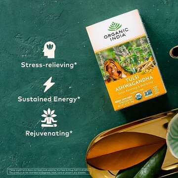 ORGANIC INDIA Calming Tulsi Ashwagandha Tea - Organic Tea Bags, Holy Basil Tea, Vegan, USDA Certified Organic, Non-GMO, Caffeine Free Tea - 18 Infusion Bags, 1 Pack