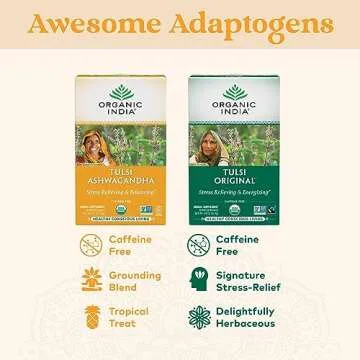 ORGANIC INDIA Calming Tulsi Ashwagandha Tea - Organic Tea Bags, Holy Basil Tea, Vegan, USDA Certified Organic, Non-GMO, Caffeine Free Tea - 18 Infusion Bags, 1 Pack