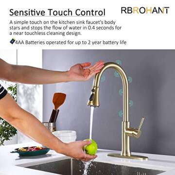 Touch Kitchen Faucet with Pull Down Sprayer Brushed Gold Kitchen Sink Faucets Single Handle Modern Stainless Steel Faucet for Kitchen Sink Faucet with Deck Plate Fit 1 or 3 Hole RBROHANT