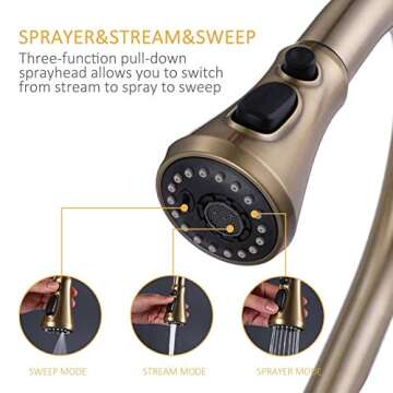 Touch Kitchen Faucet with Pull Down Sprayer Brushed Gold Kitchen Sink Faucets Single Handle Modern Stainless Steel Faucet for Kitchen Sink Faucet with Deck Plate Fit 1 or 3 Hole RBROHANT