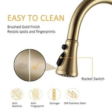 Touch Kitchen Faucet with Pull Down Sprayer Brushed Gold Kitchen Sink Faucets Single Handle Modern Stainless Steel Faucet for Kitchen Sink Faucet with Deck Plate Fit 1 or 3 Hole RBROHANT